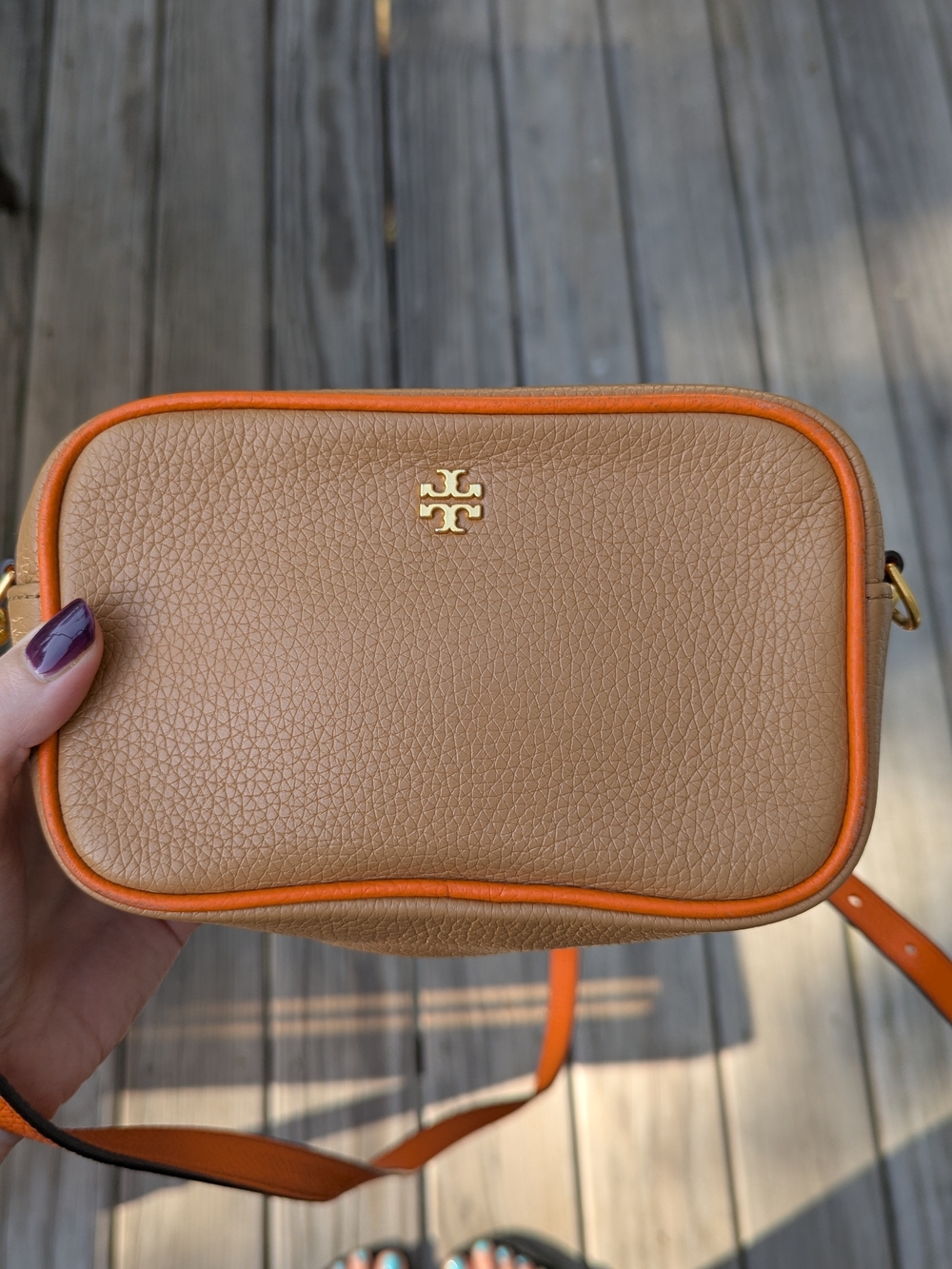 Tory Burch Tan Leather Crossbody with Orange Trim